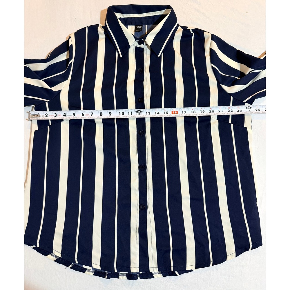 Emery‎ Rose Womens 1XL Navy Blue White Striped Button Down Long Sleeve Blouse - Picture 4 of 6
